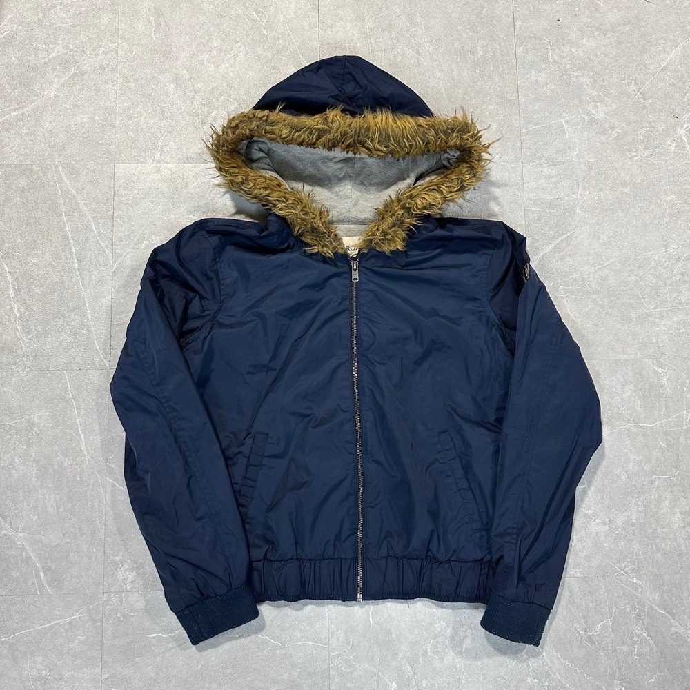 Roxy Womens Navy Blue Faux Fur Hooded Bomber Jacket Full Zip Size Medium